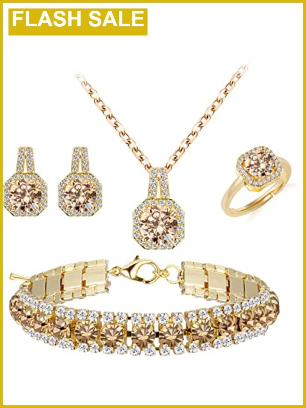 Paxuan Cubic Zirconia Gold Plated Jewelry Set Necklace Earrings Bracelet Ring